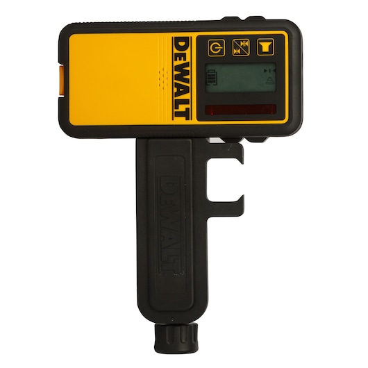 A Dewalt laser detector device with a yellow and black casing and digital screen, designed for use in construction and photography applications.