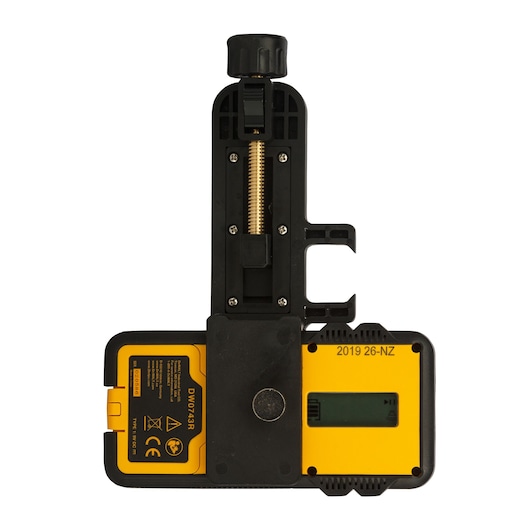 A DEWALT DCE074D1R-QW photography tool shown from above, featuring a yellow and black body with a digital display and mechanical adjustment components.