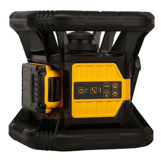 A DEWALT DCE074D1R-QW rotary laser level device in black and yellow, featuring a durable protective casing and control buttons on the side.