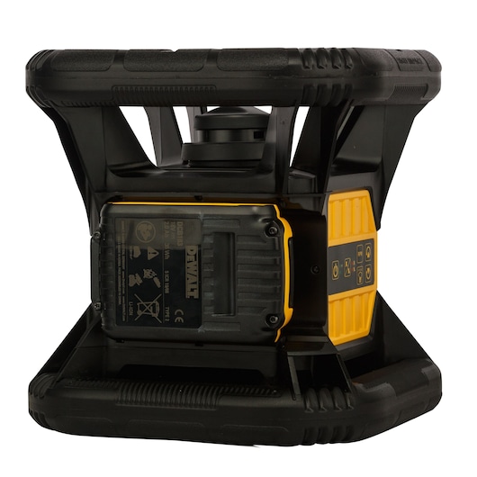 A DEWALT photography tool, model DCE074D1R-QW, shown from a side angle. The equipment has a rugged black and yellow casing with protective frames and control buttons visible on the side.