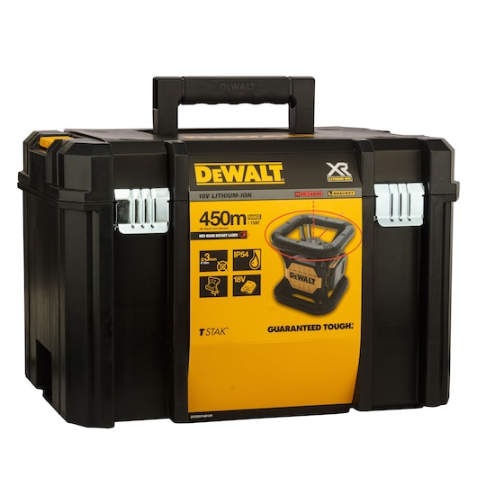A black and yellow DEWALT branded carrying case for a red beam rotary laser with 18V lithium-ion battery. The case features a handle on top and metal latches. Product specifications and features are shown on the front label, including 450 meter range, IP54 rating, and T-STAK compatibility.