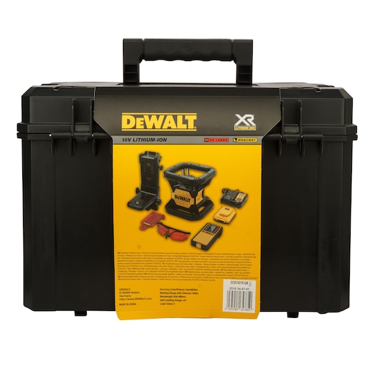 Black DEWALT carrying case with a yellow label showing various DEWALT tools, chargers, and accessories. The case features a handle on top and secure latches, and the label highlights that it contains an 18V lithium-ion XR red laser kit.