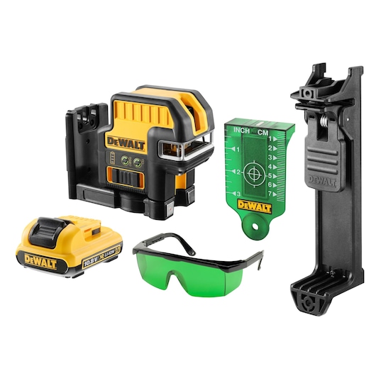 A DEWALT laser level photography kit including a yellow and black laser level device, a rechargeable battery, green-tinted safety glasses, a green laser target plate marked with inch and centimeter measurements, and a mounting bracket.
