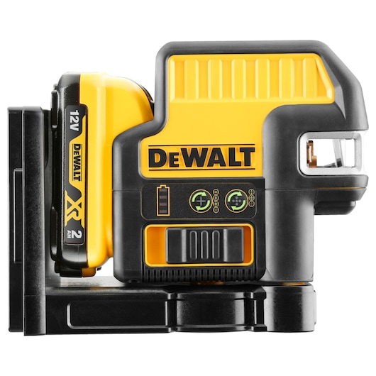 A DEWALT 12V XR 2Ah laser level tool, model DCE0825D1G, designed for precision leveling and alignment in photography and construction applications. The device is black and yellow with visible battery and control buttons.