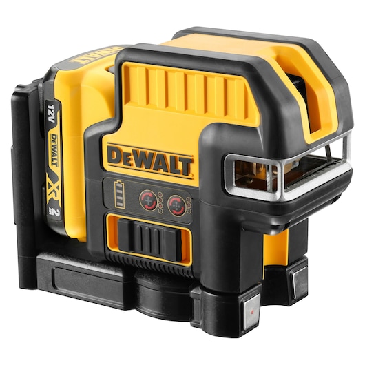 Close-up image of a DEWALT DCE0825D1R 12V cordless multi-line laser level, featuring a rugged yellow and black design with control buttons and battery indicator on the side.