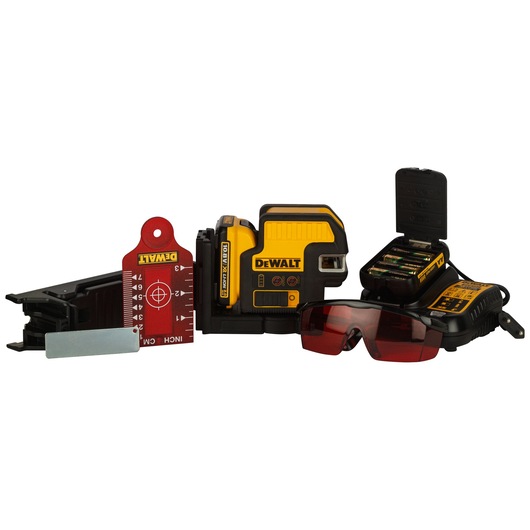 DEWALT laser level kit including the yellow and black laser level device, red measuring target, mounting bracket, battery pack with charger, and a pair of red-tinted protective glasses. Model: DCE0825D1R.