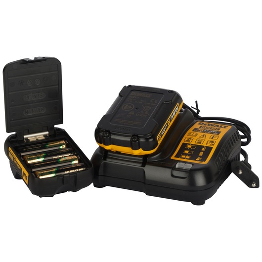 A DEWALT battery charger with a rechargeable battery pack, and an open battery case containing four AA batteries. The charger is black and yellow, and the battery case is also black with yellow details.