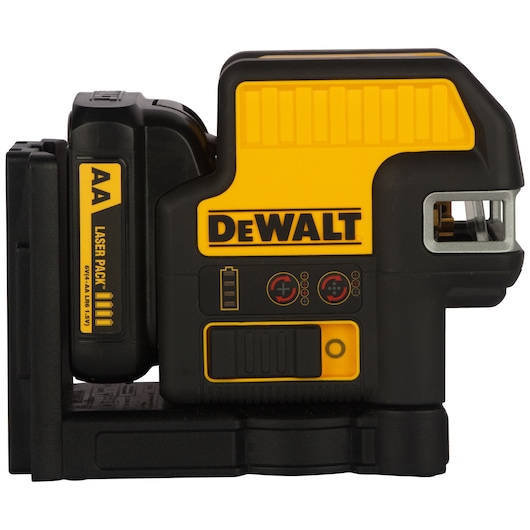 Side view of a DEWALT laser level photography tool, featuring a yellow and black design with control buttons and battery compartment visible.