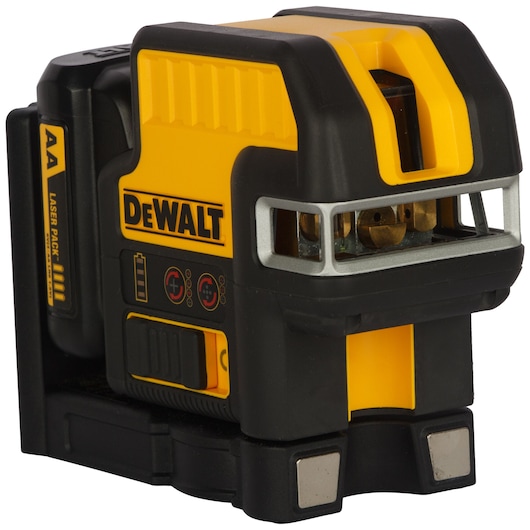 A close-up image of a DEWALT DCE0825D1R multi-line laser level device, featuring yellow and black casing with visible control panel and battery pack. The tool is designed for precise leveling and alignment in photography or construction settings.