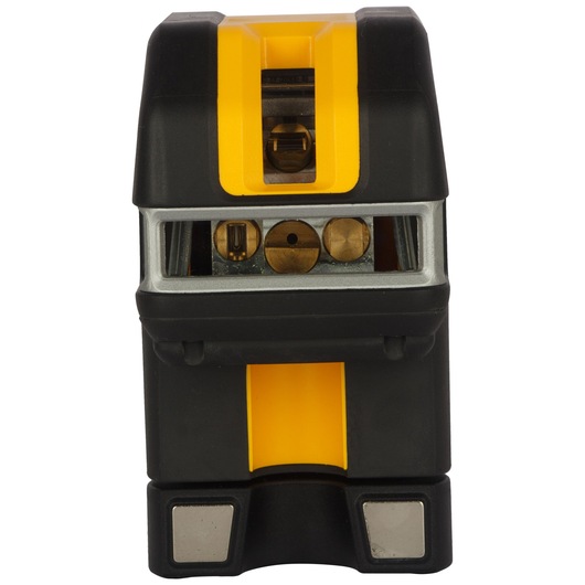 Front view of a DEWALT DCE0825D1R laser level device, primarily black and yellow, showing its precision lenses and sensor components.