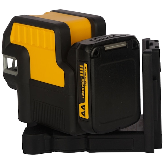 A DEWALT DCE0825D1R laser level device for photography, shown in close-up. The product is black and yellow, with a compact design and visible battery compartment.