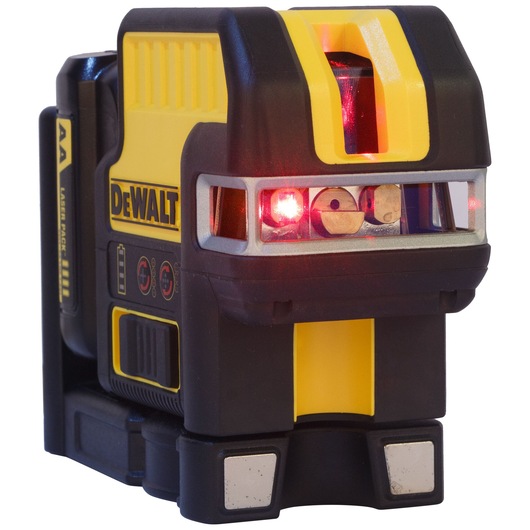 A DEWALT branded electronic laser level tool with a yellow and black casing, emitting a red laser beam. The device appears sturdy and is designed for precise alignment tasks.