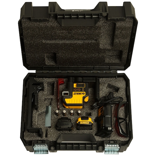 A DEWALT laser level kit (model DCE0825D1R) shown inside an open hard carrying case. The case contains a yellow and black DEWALT laser level, battery packs, charger, mounting accessories, and other components neatly organized within custom foam inserts.