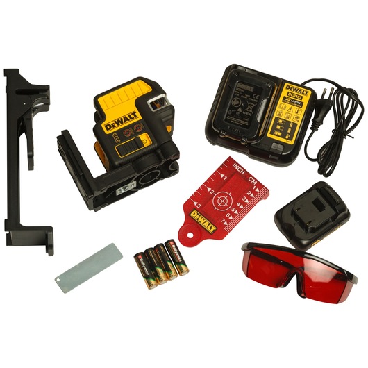 A DEWALT DCE0825D1R laser level photography kit from Asia, showing the yellow and black laser level device, charger, power adapter, batteries, red laser target plate, mounting bracket, metal card, and red safety glasses, all arranged on a white background.