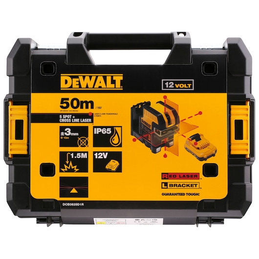 DEWALT DCE0825D1R 5-spot and cross line laser kit in sturdy black and yellow case, 50m range, 12V, IP65.