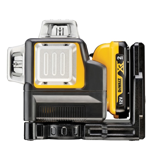 Side view of a DEWALT 12V XR laser level device, featuring a combination of yellow and black color, mounted on a sturdy base. The product includes visible control buttons and labeled battery compartment.