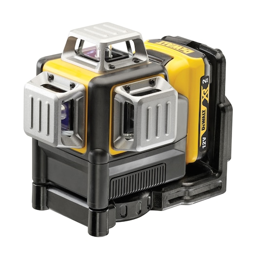 A DEWALT 12V green cross line laser level tool, model DCE089D1G, featuring a compact, sturdy design with metal protective covers and a yellow and black color scheme.