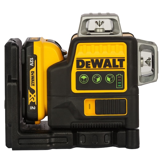 A DEWALT 12V XR laser level device with a yellow and black design, featuring the DEWALT logo and battery indicator on the front. The device is mounted on a black base and displays three green icons for different leveling modes.