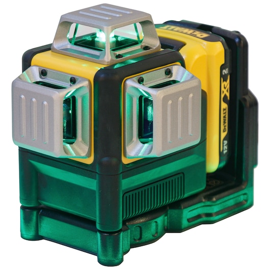 A DEWALT branded green laser level device, model DCE089D1G-QW, featuring multiple laser windows and a rechargeable battery pack. The device is used for precise alignment and measurement in construction and photography applications.