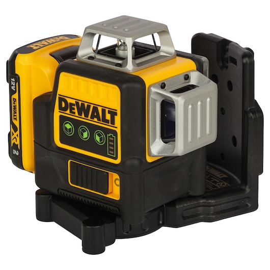 A close-up image of a DEWALT 12V XR green laser level tool, featuring its yellow and black body, display icons, and sturdy mounting bracket.