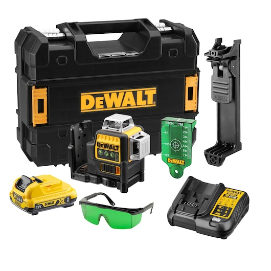 DEWALT 12V green cross line laser kit, including carrying case, battery pack, laser device, charger, mounting bracket, green target plate, and green safety glasses.