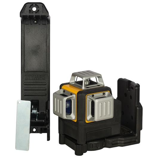 DEWALT laser level tool with multi-line projection, shown with its mounting bracket and accessories. The main unit is yellow and black with metallic covers over the laser windows.