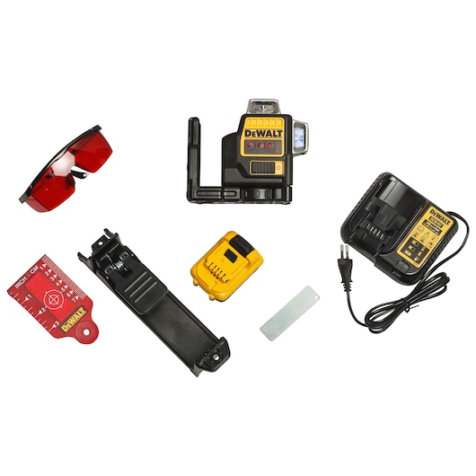 A DEWALT laser level kit set, including a laser level tool, charger, rechargeable battery, mounting bracket, red laser enhancement glasses, red target plate, and a small metal plate accessory, all arranged separately on a white background.