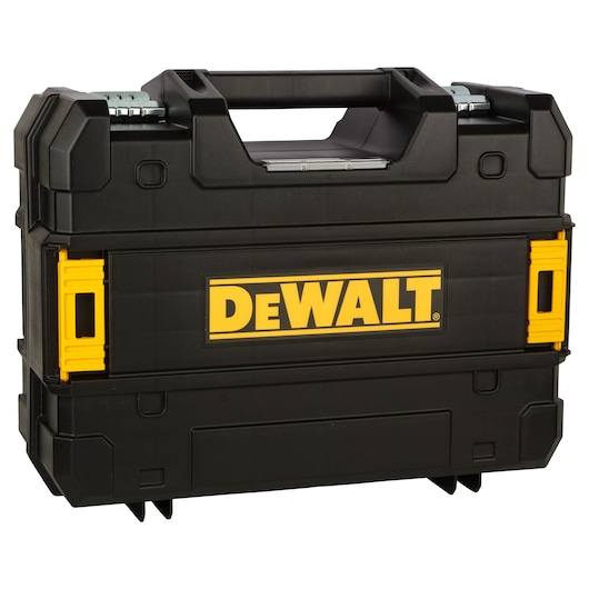 A black DEWALT-branded hard plastic carrying case with yellow accents and a sturdy handle, designed for holding and transporting tools or equipment.