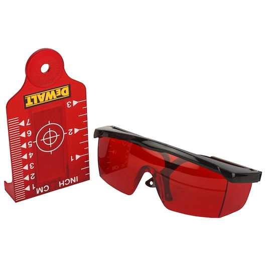 DEWALT red laser target and red-tinted safety glasses, used for enhancing visibility of laser lines in construction and photography applications.