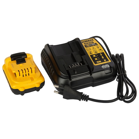 A DEWALT battery charger and rechargeable battery pack, with the charger featuring a black and yellow design, attached power cord, and labeled instructions on the top.