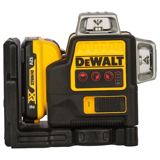 Close-up image of a DEWALT DCE089D1R-QW 12V XR multi-line laser level, shown in black and yellow, mounted on a black base. The laser level features three red icons and a battery indicator on its side.