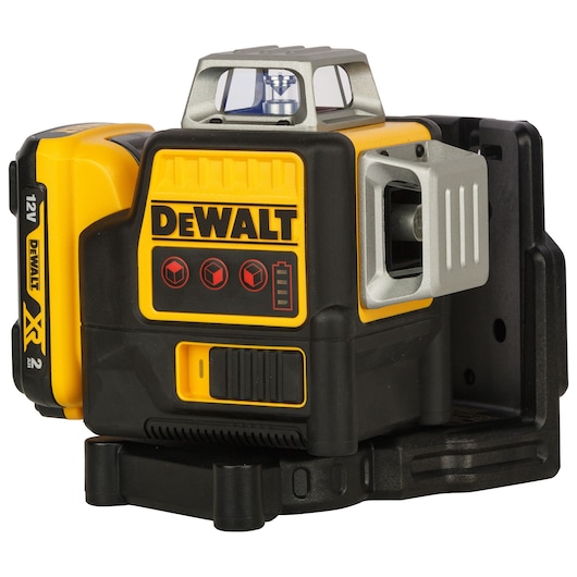 A DEWALT 12V laser level tool with yellow and black casing, designed for precise alignment and leveling in construction and photography applications. The model features clear labeling with battery indicator and control buttons.