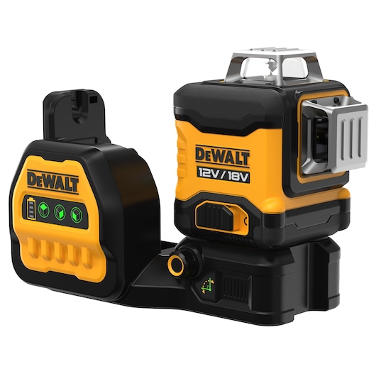 A DEWALT 12V/18V photography-grade laser level device with yellow and black casing, control buttons, and mounting bracket.