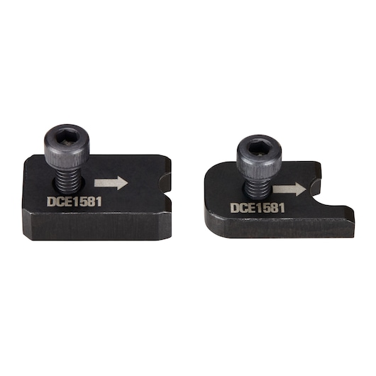 Two small black metal DEWALT parts labeled DCE1581, each with a screw and a white arrow, designed for precise positioning or assembly.