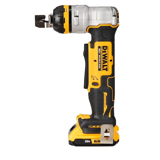 A DEWALT 20V brushless cordless power tool with a compact right-angle drill design, mainly yellow and black in color. The tool is designed for construction or maintenance work and features ergonomic grips and a metal belt clip.