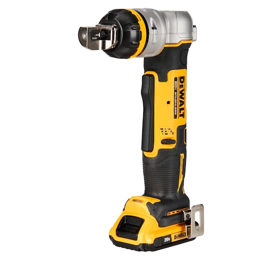 A DEWALT 20V cordless power tool with a yellow and black design, likely a brushless cable cutter, standing upright with a visible battery pack at the base.