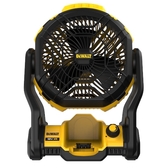 Front view of a DEWALT portable cordless fan, model DCE512N, featuring a black and yellow design with a protective grille and adjustable stand.