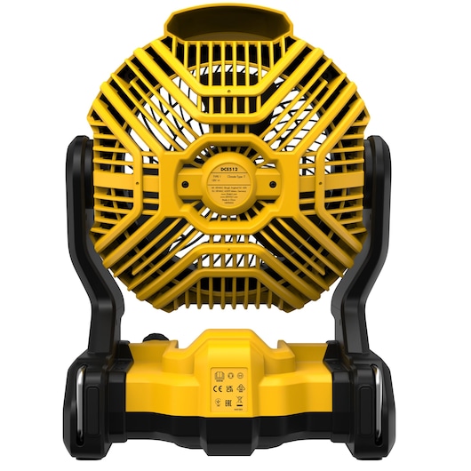 Rear view of a DEWALT portable yellow and black battery-powered fan with a protective grille and adjustable stand.