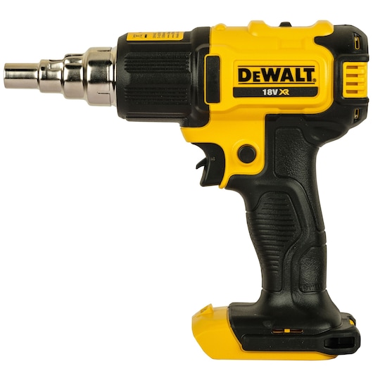 A DEWALT 18V XR cordless heat gun with a yellow and black body, shown from the side against a white background.
