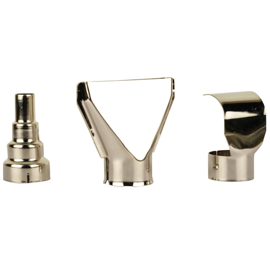 Three metallic nozzle attachments for a heat gun are shown, including a concentrator nozzle, a wide flat nozzle, and a curved surface nozzle. The accessories are intended for use with DEWALT heat gun tools.