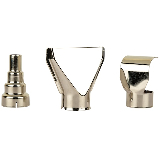 Three metallic heat gun nozzles are shown, each with a distinct shape and design for different applications, standing side by side against a white background.