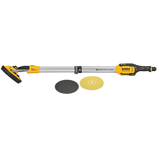 DEWALT brushless drywall sander with extendable pole, model DCE800N, shown with two sanding discs, one black and one yellow, on a white background.