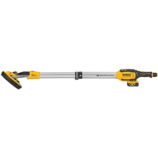 A Dewalt cordless drywall sander with an extendable pole in yellow and black colors. The tool features a brushless motor and battery pack, designed for sanding walls and ceilings.