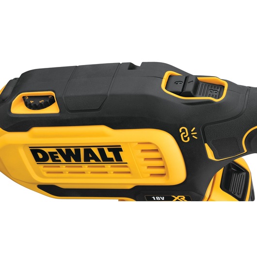 Close-up view of a DEWALT 18V XR power tool, showing its yellow and black casing, control knobs, and branding.