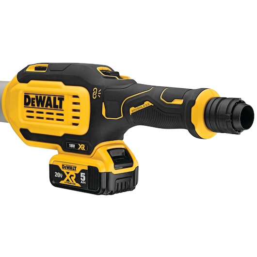 A DEWALT cordless dry wall sander with a brushless motor, shown in yellow and black. It features a detachable 20V lithium-ion XR battery and ergonomic grip design.