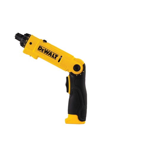 A DEWALT yellow and black cordless screwdriver with an adjustable angled head, shown against a white background.