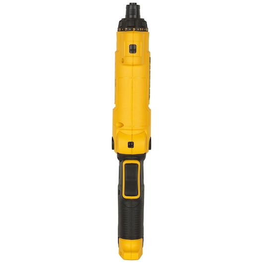 A yellow and black DEWALT cordless electric screwdriver with an ergonomic handle, photographed from the front against a white background.