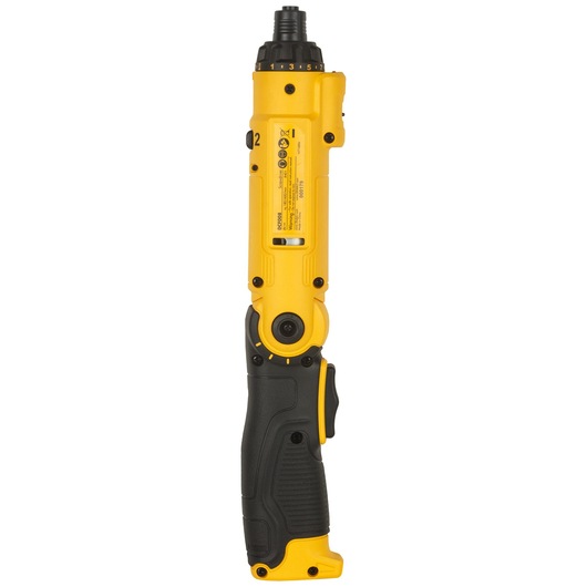 Side view of a yellow and black DEWALT DCF008 cordless screwdriver with ergonomic handle and adjustable torque settings.