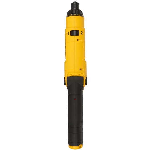 A DEWALT yellow and black cordless electric screwdriver, shown upright, featuring a dial for torque adjustment and ergonomic grip.
