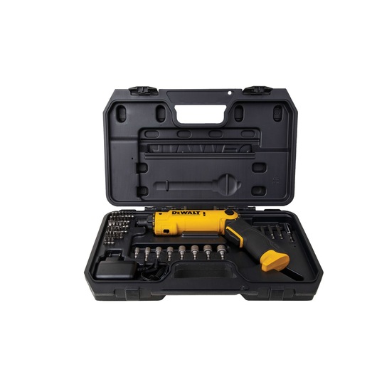 A DEWALT cordless screwdriver set with yellow and black handle, included in a black plastic carrying case with multiple screwdriver bits and accessories.